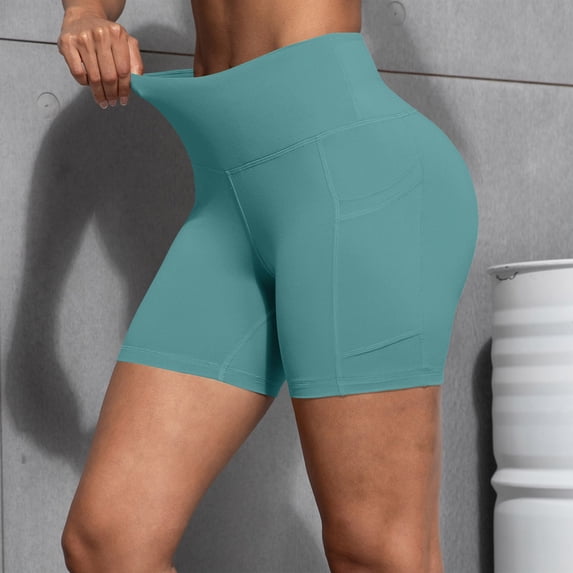 Mifsaly Womens High Waisted Biker Shorts Tummy Control Yoga Shorts with Pockets Athletic Compression Workout Running Gym Cycling Exercise Clothes Blue,XL