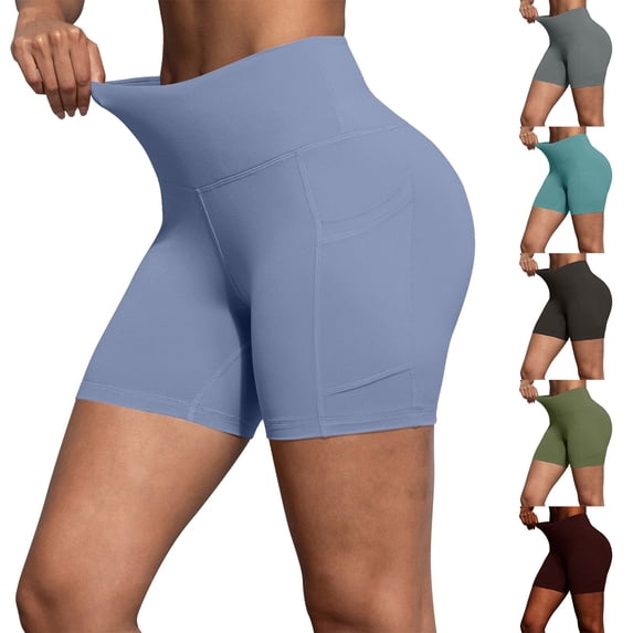 Mifsaly Womens High Waisted Biker Shorts Tummy Control Yoga Shorts with Pockets Athletic Compression Workout Running Gym Cycling Exercise Clothes Light Blue,M