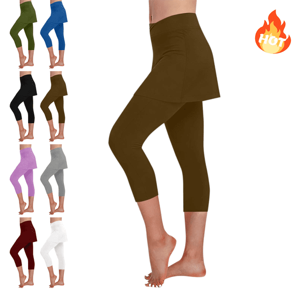Mifsaly Womens High Waisted Capri Leggings with Skirt Attached Athletic Yoga Skirts with Capris Tummy Control Stretchy Cropped Trousers Workout Activewear Leggings M