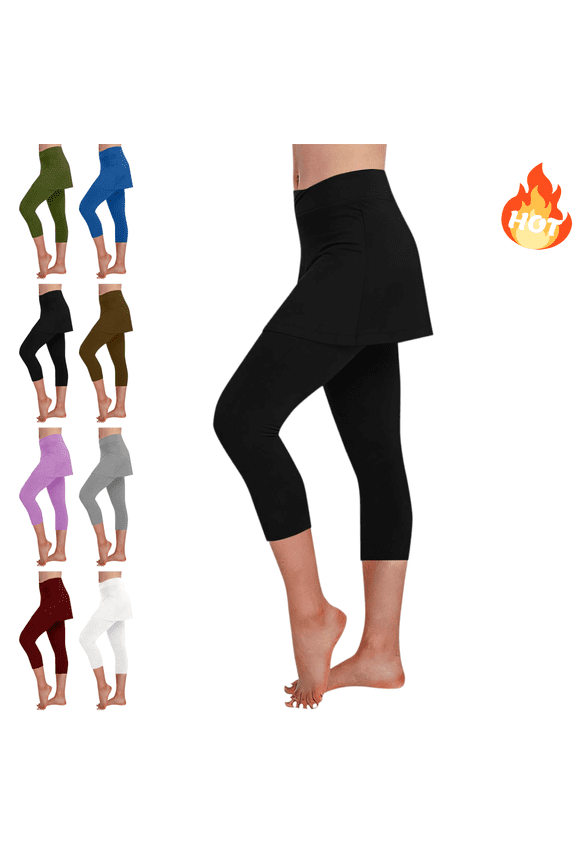 Womens High Waisted Capri Leggings with Skirt Attached Athletic Yoga Skirts with Capris Tummy Control Stretchy Cropped Trousers Workout Activewear Leggings XXL
