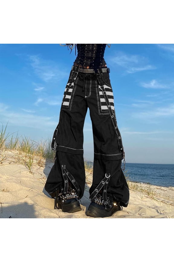 Womens High Waisted Cargo Pants Gothic Techwear Style Baggy Wide Leg Pant Hip Hop Casual Loose Fit Punk Streetwear with Multi Pockets S