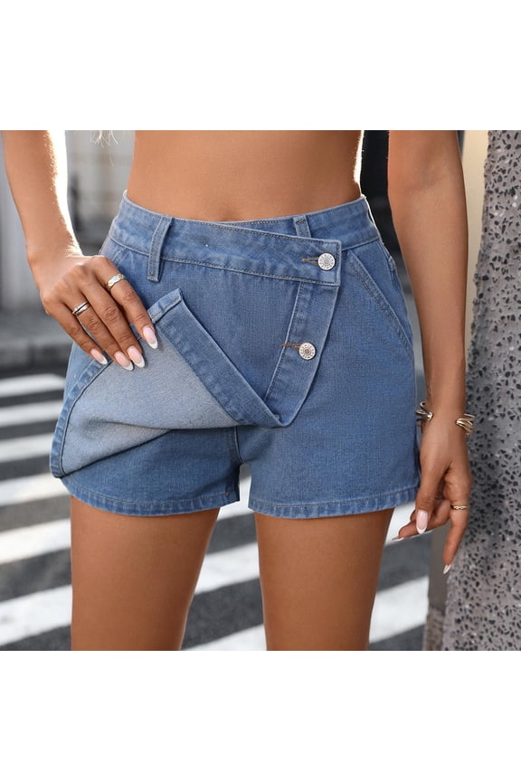 Womens High Waisted Denim Skorts Asymmetrical Cross Waist Design Slim Fit Jean Shorts Summer Casual Stylish Versatile Outdoor Travel Daily Hot Pants M