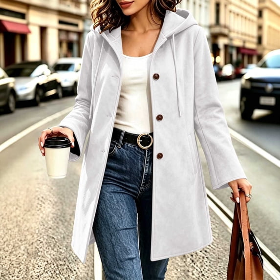 Mifsaly Womens Hooded Long Coat Button Front Fleece Jacket Drawstring ...