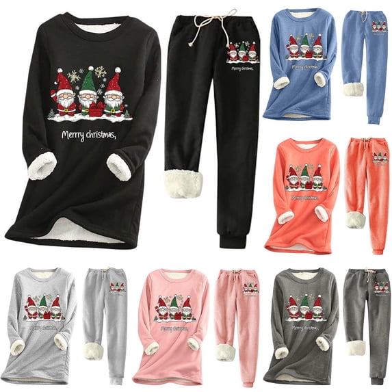 Mifsaly Womens Jogger Set Christmas Santa Print Sherpa Lined Track Suits 2 Piece Fleece Xmas Outdoor Workout Matching Outfits Thicken Warm Pullover Sweatshirt & Thermal Loose Joggers with Pockets