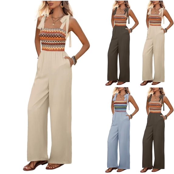 Mifsaly Womens Jumpsuits for Summer Boho Patterned Sleeveless Romper with Tie Shoulder Straps and Pockets Beach Vacation Casual One Piece Outfits Beige,XL