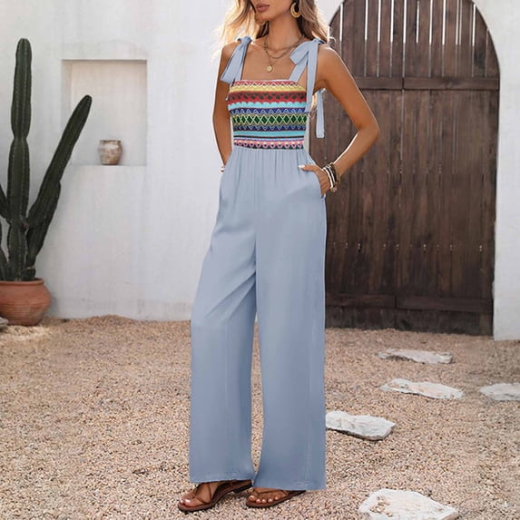 Mifsaly Womens Jumpsuits for Summer Boho Patterned Sleeveless Romper with Tie Shoulder Straps and Pockets Beach Vacation Casual One Piece Outfits Blue,XL