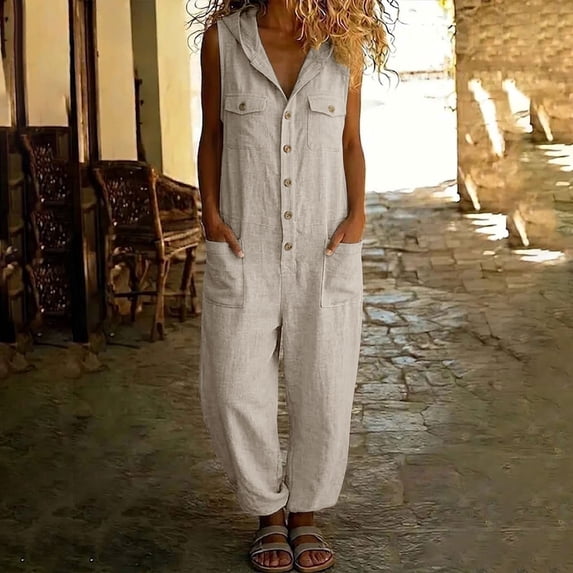 Mifsaly Womens Jumpsuits for Summer Sleeveless Button Down Linen Jumpsuit Lightweight Casual Loose Fit Hooded Rompers Beige,M