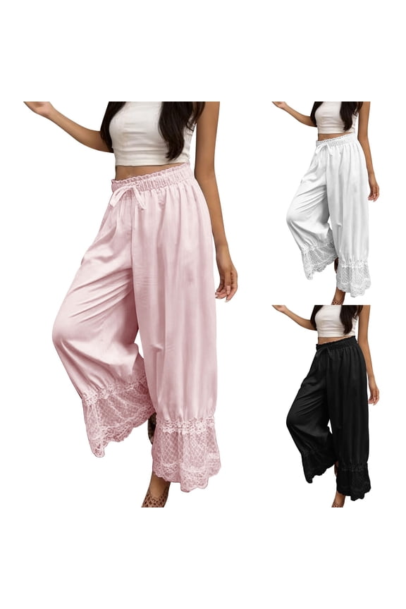Womens Lace Trim Bloomers Pants Elastic Waist Drawstring Wide Leg Flowy Pant Lightweight Loose Fit Summer Casual Vacation Clothes S