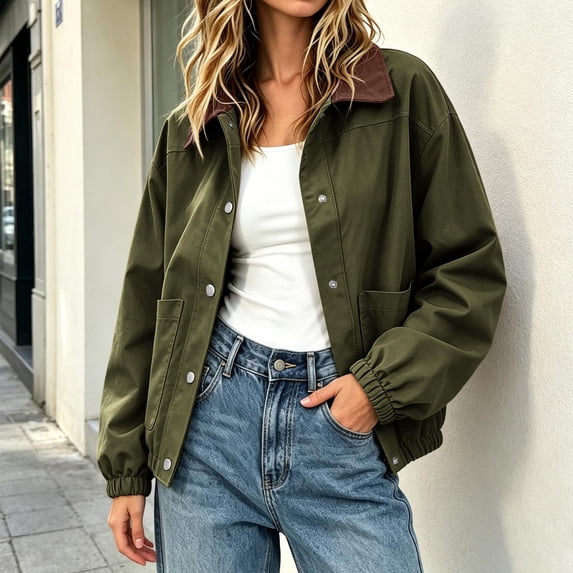 Mifsaly Womens Lightweight Bomber Jacket Snap Front Collared Casual Coat Elastic Cuffs Fall Vantage Western Boyfriend Style Streetwear with Pockets