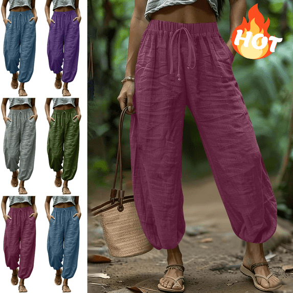 Mifsaly Womens Linen Harem Pants Boho High Waisted Drawstring Lounge Pant Beach Summer Wear Casual Loose Fit Tapered Trousers with Pockets Hot Pink,L