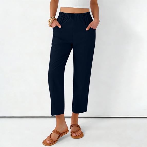 Mifsaly Womens Linen Pants Lightweight Elastic Waist Pant Dressy Casual Summer Vacation Trousers Loose Beach Work Outfits 2026 with Pockets L