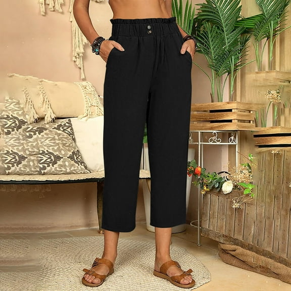Mifsaly Womens Linen Pants Summer Lightweight Pleated Elastic Waist Capri Pant Work Office Dressy Casual Trousers with Pockets Loose Fashion Outfits L