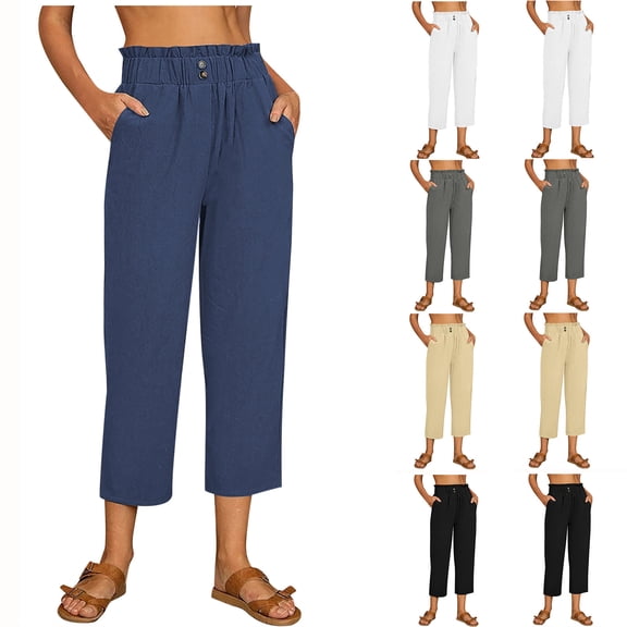 Mifsaly Womens Linen Pants Summer Lightweight Pleated Elastic Waist Capri Pant Work Office Dressy Casual Trousers with Pockets Loose Fashion Outfits L