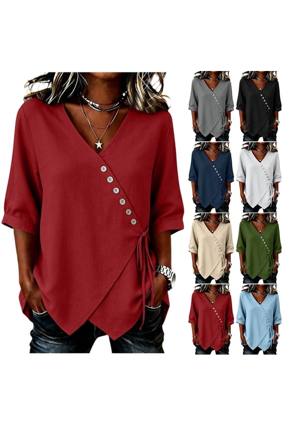 Womens Linen Shirt V Neck 3/4 Sleeve Wrap Front Blouses with Side Drawstring and Decorative Buttons Lightweight Slit Hem Loose Fit Casual Tunic Shirts Red,L