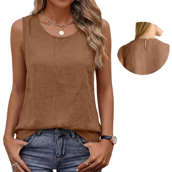 Mifsaly Womens Linen Tank Tops Casual Crewneck Summer Blouses Loose Fit Back Keyhole Shell Top Lightweight Breathable Work Office Sleeveless Shirts M