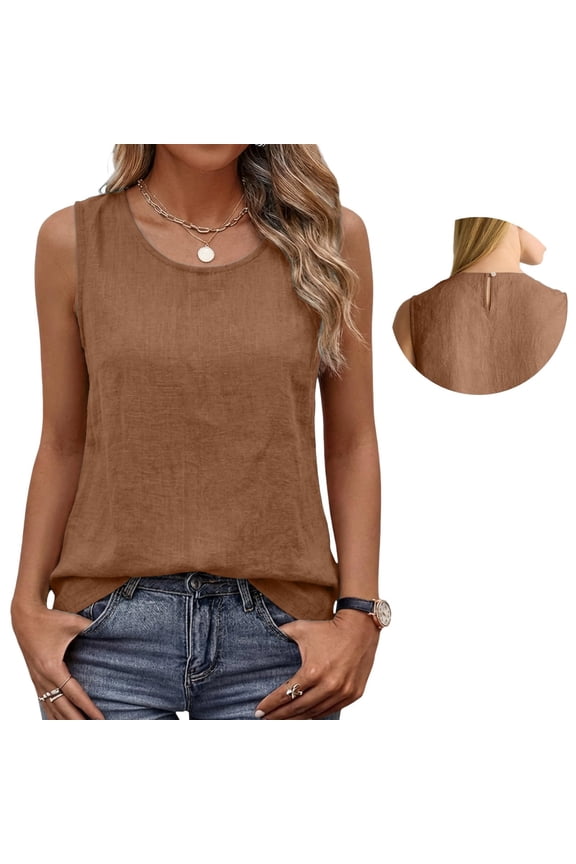 Womens Linen Tank Tops Casual Crewneck Summer Blouses Loose Fit Back Keyhole Shell Top Lightweight Breathable Work Office Sleeveless Shirts S