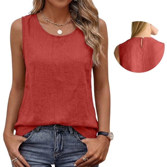Mifsaly Womens Linen Tank Tops Casual Crewneck Summer Blouses Loose Fit Back Keyhole Shell Top Lightweight Breathable Work Office Sleeveless Shirts XXL