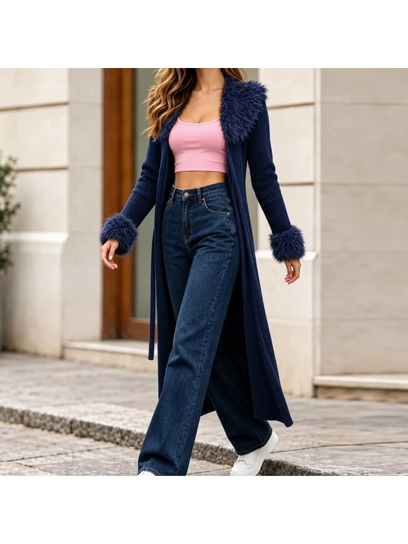 Womens Long Cardigan with Collar and Cuffs, Open Front Belted Sweater Coat, Ribbed Knit Maxi Duster Jacket with Pockets for Fall Winter Casual Dressy Wear Navy,XXS