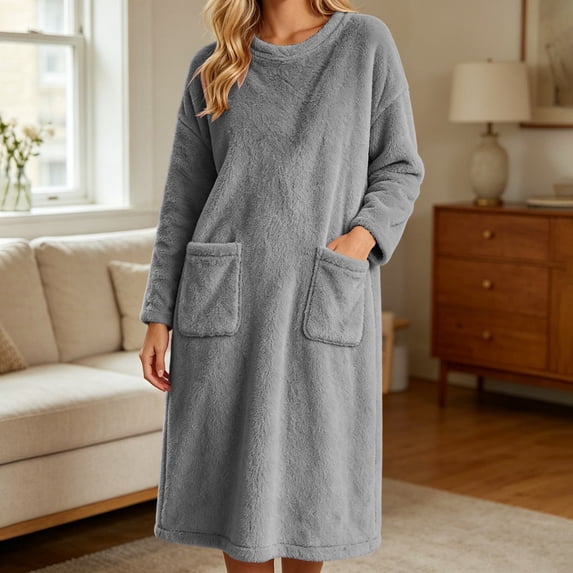 Mifsaly Womens Long Fleece Nightgown Plush Sleep Dress Long Sleeve Crewneck Warm Bathrobes with Pockets Gray,S