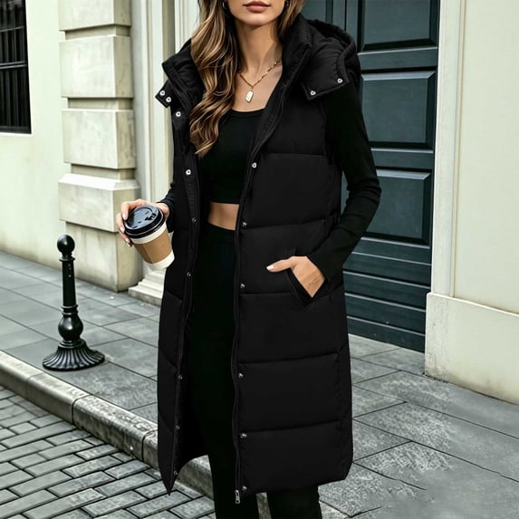 Mifsaly Womens Long Puffer Vests Zip Up Hooded Quilted Vest Snap Button Winter Casual Daily Going Out Windproof Outerwear with Pockets