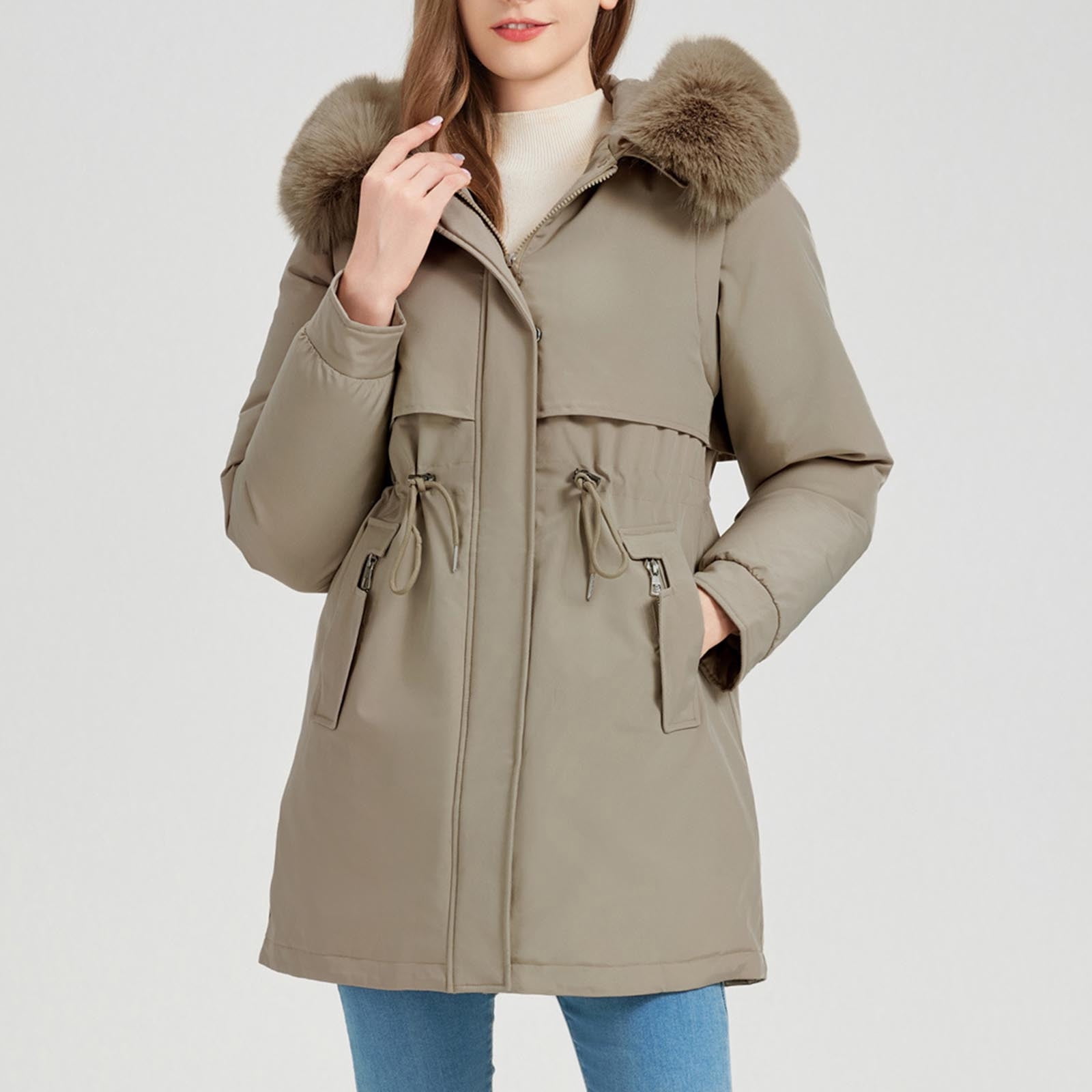 Women's winter long solid color jacket with faux fur ball detachable hooded