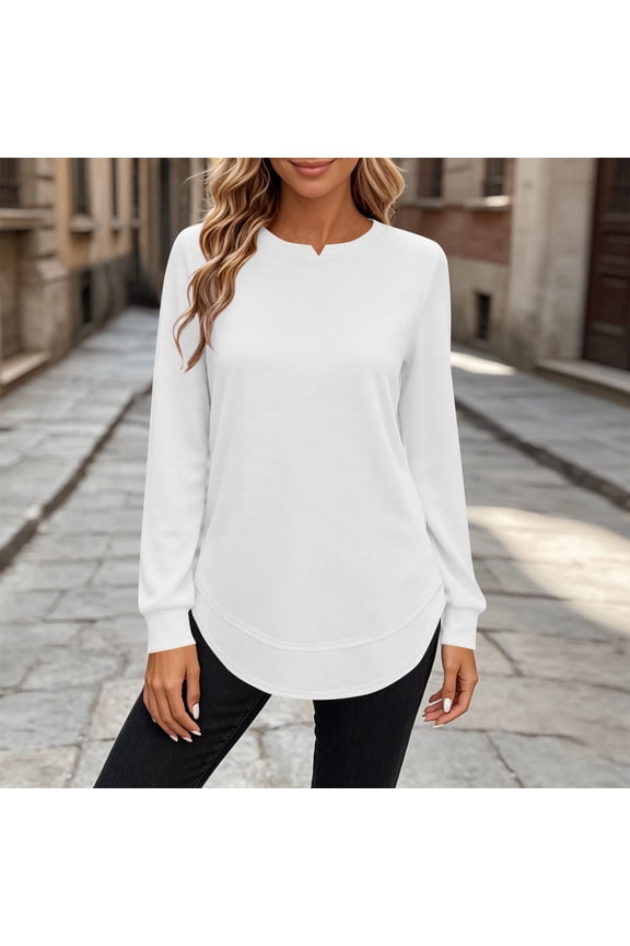 Womens Long Sleeve Blouse Waffle Knit Tunic Tops Notch Crewneck Loose Fit Flattering Curved Hem Shirts for Everyday Lounge and Office White,S