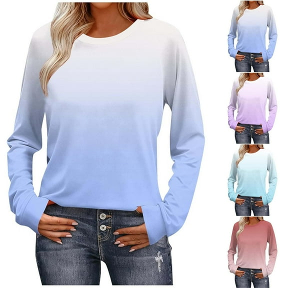 Mifsaly Womens Long Sleeve Tops Casual Raglan Long Sleeve Gradient Teacher Shirts Loose Tunic Girls Preppy Tee Travel Daily Sweatshirt Blue