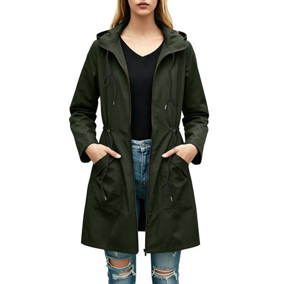 Mifsaly Womens Long Windbreaker Jacket Water Resistant Zip Up Hooded Raincoat Adjustable Drawstring Waist Tavel Everyday Outdoor Outerwear with Pockets Army Green,M