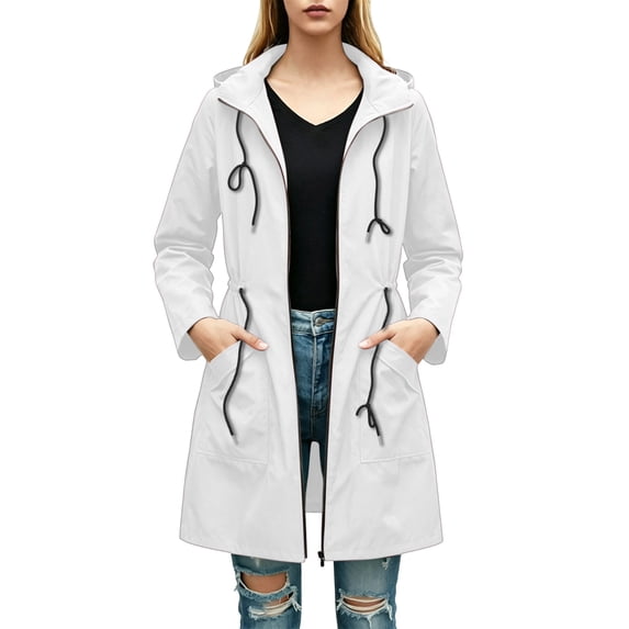 Mifsaly Womens Long Windbreaker Jacket Water Resistant Zip Up Hooded Raincoat Adjustable Drawstring Waist Tavel Everyday Outdoor Outerwear with Pockets White,XXL