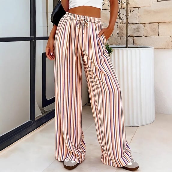 Mifsaly Womens Lounge Pants Colorful Striped Casual Palazzo Trousers High Waist Drawstring Elastic Waist Summer Beach Flowy Lounge Pants with Pockets Khaki,XXL