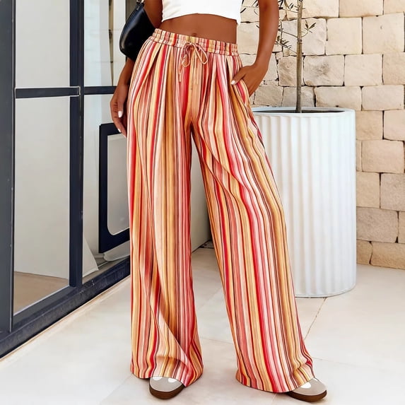 Mifsaly Womens Lounge Pants Colorful Striped Casual Palazzo Trousers High Waist Drawstring Elastic Waist Summer Beach Flowy Lounge Pants with Pockets Orange,M