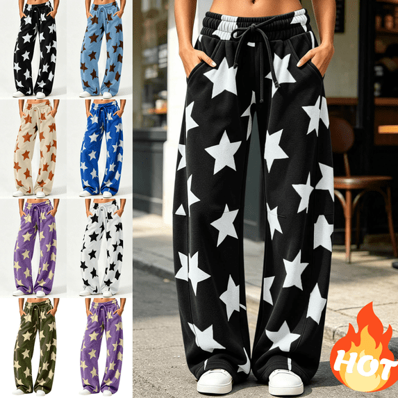 Mifsaly Womens Lounge Sweatpants Star Print High Waisted Baggy Athletic Track Pants Drawstring Casual Streetwear Jogging and Gym Workout Black,S