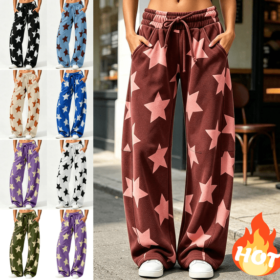 Mifsaly Womens Lounge Sweatpants Star Print High Waisted Baggy Athletic Track Pants Drawstring Casual Streetwear Jogging and Gym Workout Brown,S