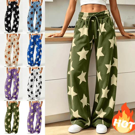Mifsaly Womens Lounge Sweatpants Star Print High Waisted Baggy Athletic Track Pants Drawstring Casual Streetwear Jogging and Gym Workout Green,XL
