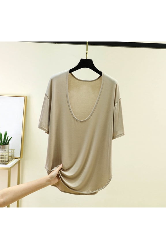 Womens Low Back Scoop Neck T-Shirt Short Sleeve Loose Fit Casual Tee Soft Lightweight Comfortable Summer Tops Beige,L