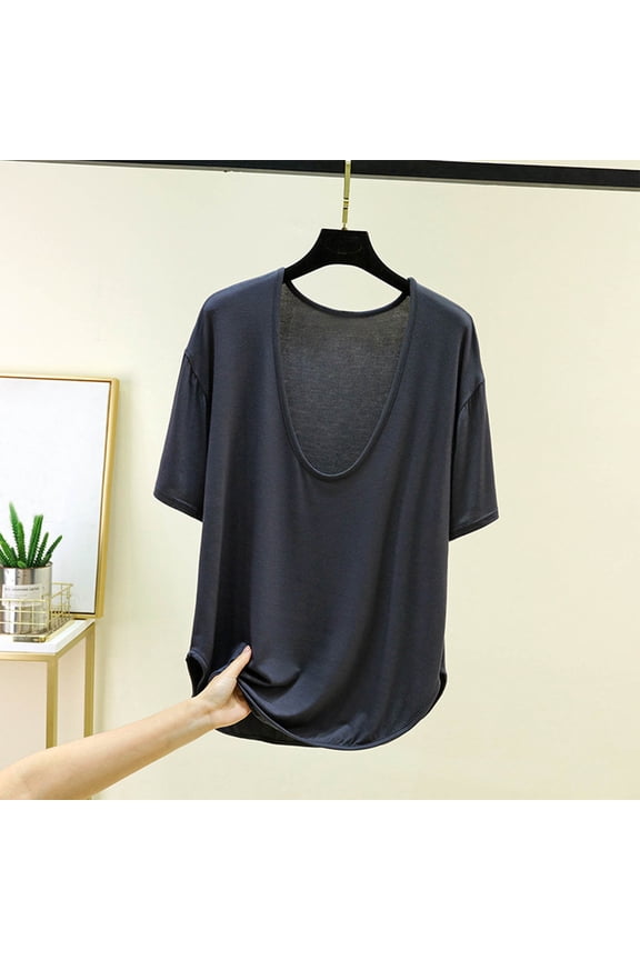 Womens Low Back Scoop Neck T-Shirt Short Sleeve Loose Fit Casual Tee Soft Lightweight Comfortable Summer Tops Dark Gray,L