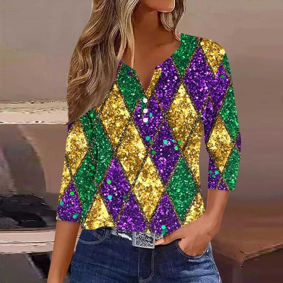 Mifsaly Womens Mardi Gras Shirts Diamond-Color Block 3/4 Sleeve Tops Pullover Sparkly Print Casual Blouse Funny Festival Carnival T-Shirts Spring Summer Fashion Streetwear S