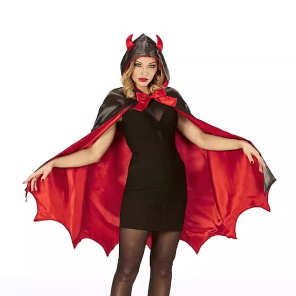 Mifsaly Womens Mens Halloween Devil Horn Hooded Cape Black Red Reversible Bat Hem Satin Cloak Vampire Demon Costume Party Dress Up
