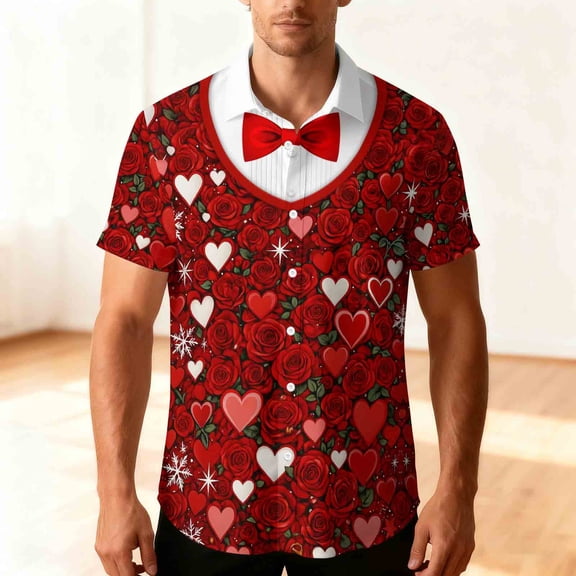 Mifsaly Womens Mens Valentine Shirt Heart Print Tops Adults Beach Vacation Short Sleeve T-Shirts Funny Festival Spring Blouse Unisex M