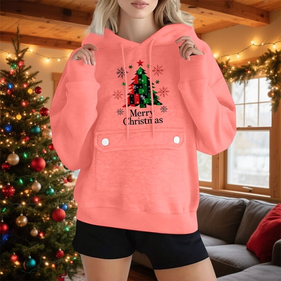 Mifsaly Womens Merry Christmas Sweatshirt Long Sleeve Loose Hoodie Xmas Tree Print Hooded Pullover Tops Drop Shoulder Loose Outerwear Festival Party Funny Outfits with Pocket 2025 Holiday
