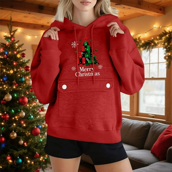 Mifsaly Womens Merry Christmas Sweatshirt Long Sleeve Loose Hoodie Xmas Tree Print Hooded Pullover Tops Drop Shoulder Loose Outerwear Festival Party Funny Outfits with Pocket 2025 Holiday