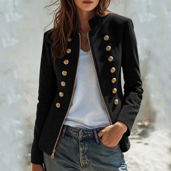 Mifsaly Womens Military Style Blazer Stand Collar Zip Front Long Sleeve Fitted Jacket with Gold Tone Buttons Casual Fall Outerwear for Office Work Daily Travel
