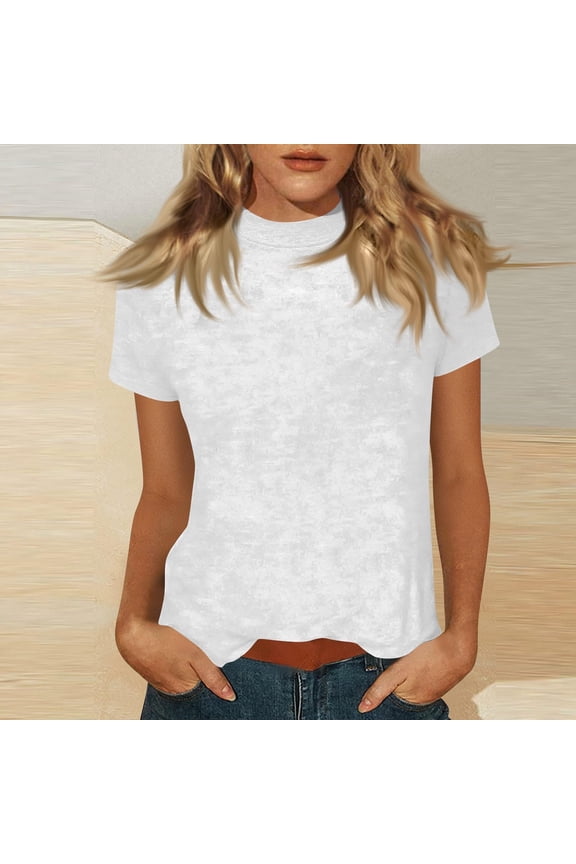 Womens Mock Neck Short Sleeve T-Shirt Basic Solid Color Slim Fit Stretchy Tee Tops Casual Lightweight Layering Casual Summer Undershirts White,L
