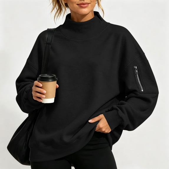 Mifsaly Womens Mock Neck Sweatshirt Oversized Drop Shoulder Pullover Sweatshirts with Sleeve Zipper Pocket Black,L