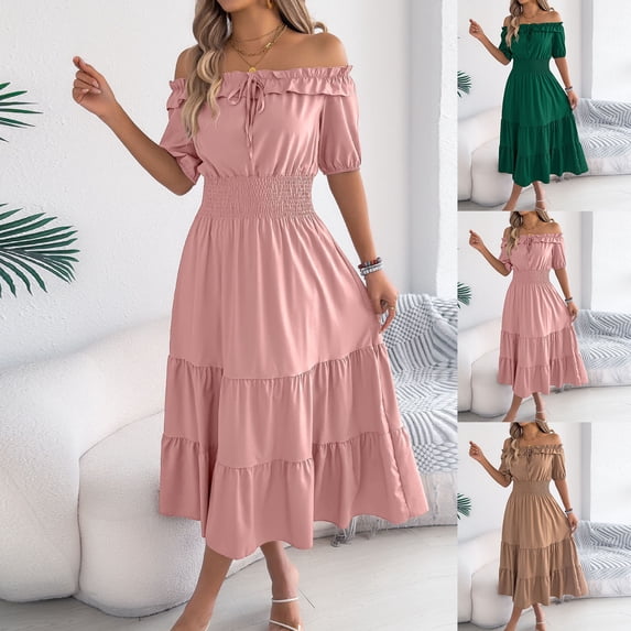 Mifsaly Womens Off Shoulder A Line Dresses Midi Short Sleeve Flowy Smocked Waist Dress Ruffle Tiered Hem Elegant Wedding Guest Party Sundress M