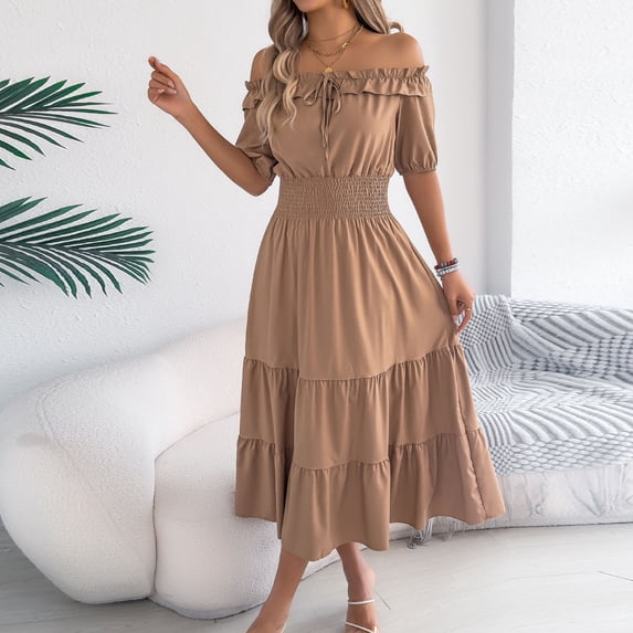 Mifsaly Womens Off Shoulder A Line Dresses Midi Short Sleeve Flowy Smocked Waist Dress Ruffle Tiered Hem Elegant Wedding Guest Party Sundress S
