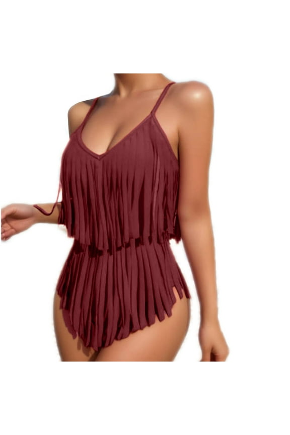 Womens One Piece Swimsuits Deep V Fringe Adjustable Straps Bathing Suits Vacation Beach Tummy Control Bikini Swimwear