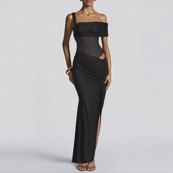 Mifsaly Womens One Shoulder Bodycon Dresses Maxi Mesh Patchwork Party Club Dress Ruched Side Slit Fitted Going Out Date Night Elegant Gowns L