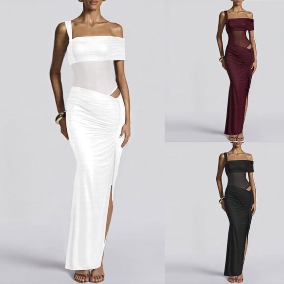 Mifsaly Womens One Shoulder Bodycon Dresses Maxi Mesh Patchwork Party Club Dress Ruched Side Slit Fitted Going Out Date Night Elegant Gowns M