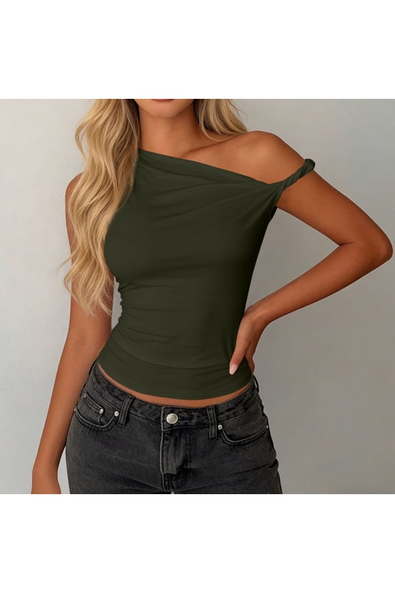 Womens One Shoulder Sleeveless Crop Tops Twist Knot Ruched Slim Fitted Going Out Tops Party Club Summer Casual Comfy Tight Tees XXL